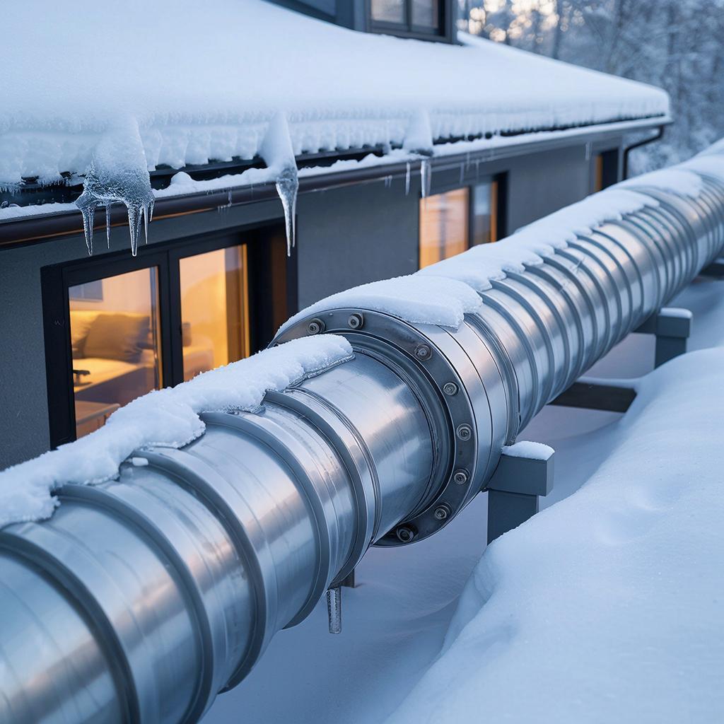 Теплотрасса, ведущая к уютному частному дому в зимнем пейзаже.