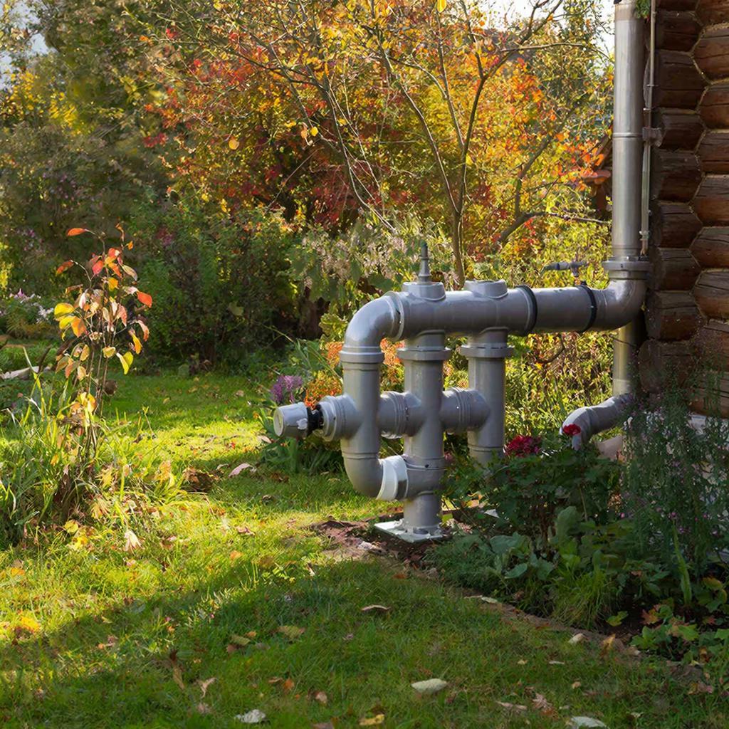 Сцена с двухтрубной теплотрассой для дачи в осеннем саду.